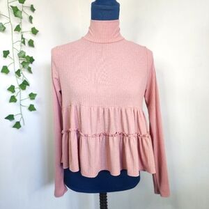 Mauve Pink Ribbed Ruffle Long Sleeve Crop Top Size S / M